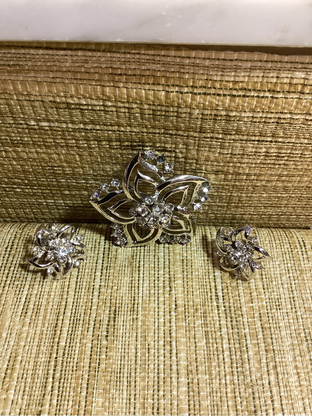 Vintage Silver-Tone Crystal Floral Brooch and matching clip Earring Set
